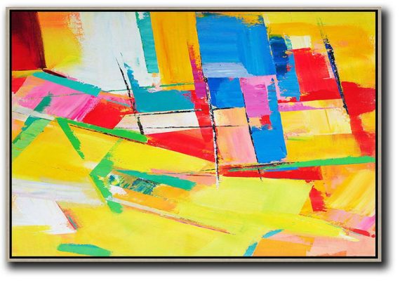 Original Abstract Painting Extra Large Canvas Art,Horizontal Palette Knife Contemporary Art,Big Painting,Yellow,Red,Blue.etc