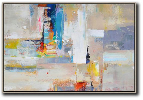 Horizontal Palette Knife Contemporary Art,Huge Abstract Canvas Art,White,Grey,Yellow,Blue,Red.etc