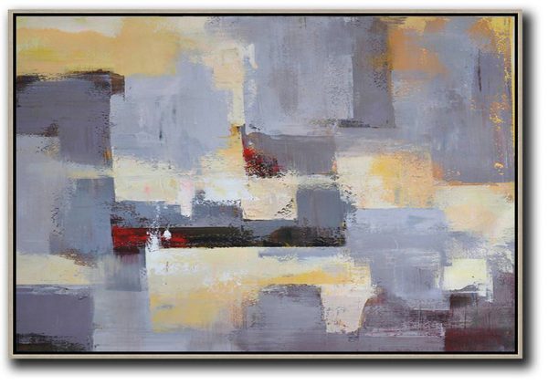 Handmade Extra Large Contemporary Painting,Horizontal Palette Knife Contemporary Art,Hand Paint Large Clean Modern Art,Grey,Yellow,White.etc