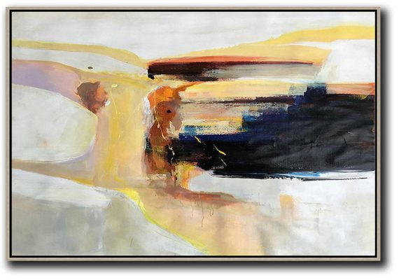 Extra Large Textured Painting On Canvas,Horizontal Palette Knife Contemporary Art,Xl Large Canvas Art,Grey,Yellow,Black,White.etc