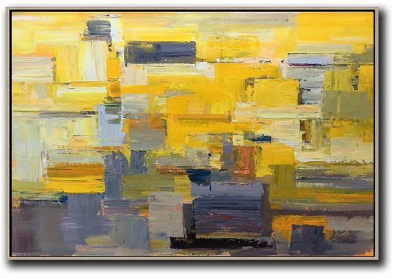Abstract Painting Extra Large Canvas Art,Horizontal Palette Knife Contemporary Art,Original Abstract Painting Canvas Art,Yellow,Grey,White.etc