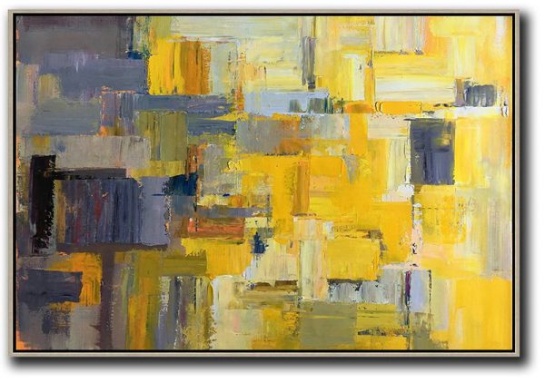 Horizontal Palette Knife Contemporary Art,Extra Large Wall Art,Yellow,Grey,White.etc