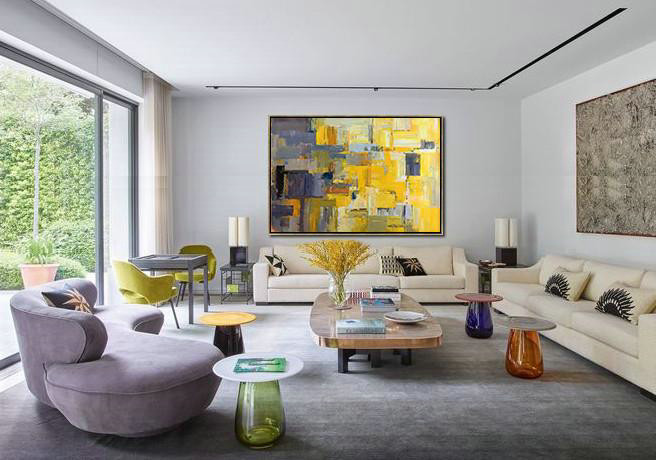 Horizontal Palette Knife Contemporary Art,Extra Large Wall Art,Yellow,Grey,White.etc - Image 2