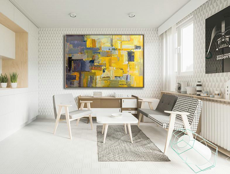 Horizontal Palette Knife Contemporary Art,Extra Large Wall Art,Yellow,Grey,White.etc - Image 3