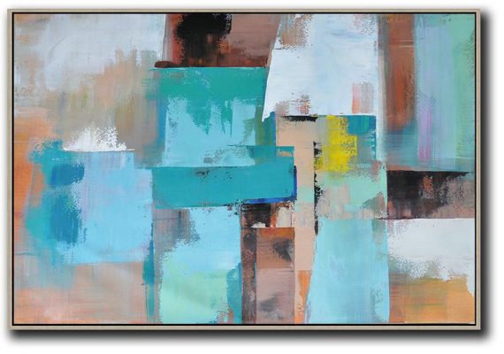 Large Abstract Art,Horizontal Palette Knife Contemporary Art,Unique Canvas Art,Lake Blue,Pink.Brown,Yellow.etc