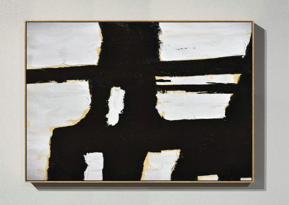 Original Abstract Painting Canvas Art,Horizontal Palette Knife Minimal Canvas Art Painting Black White Beige - Hand-Painted Contemporary Art