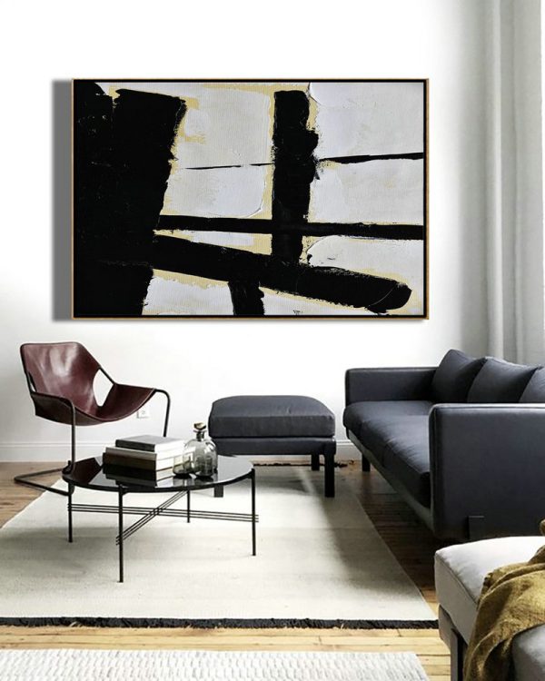 Acrylic Painting On Canvas,Horizontal Palette Knife Minimal Canvas Art Painting Black White Beige - Huge Abstract Canvas Art - Image 5