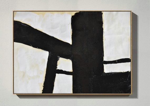 Abstract Art Decor Large Canvas Painting,Horizontal Palette Knife Minimal Canvas Art Painting Black White Beige - Canvas Wall Art Home Decor