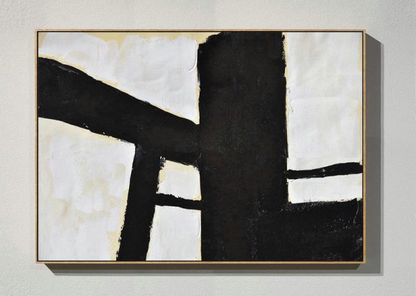 Abstract Art Decor Large Canvas Painting,Horizontal Palette Knife Minimal Canvas Art Painting Black White Beige - Canvas Wall Art Home Decor