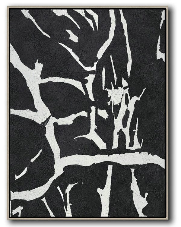 Hand-Painted Canvas Art,Black And White Minimalist Painting On Canvas - Original Abstract Painting Canvas Art