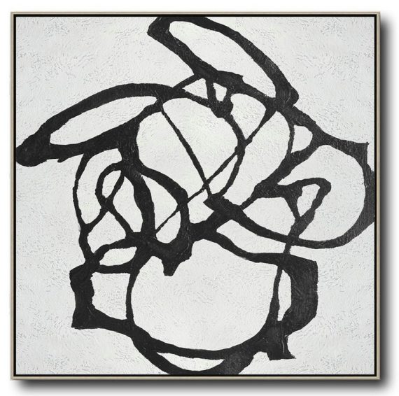 Hand Painted Extra Large Abstract Painting,Oversized Minimal Black And White Painting - Living Room Wall Art