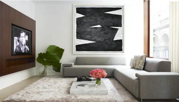 Handmade Large Contemporary Art,Oversized Minimal Black And White Painting - Artwork For Sale - Image 2