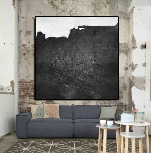 Handmade Large Painting,Oversized Minimal Black And White Painting - Abstract Oil Painting - Image 2