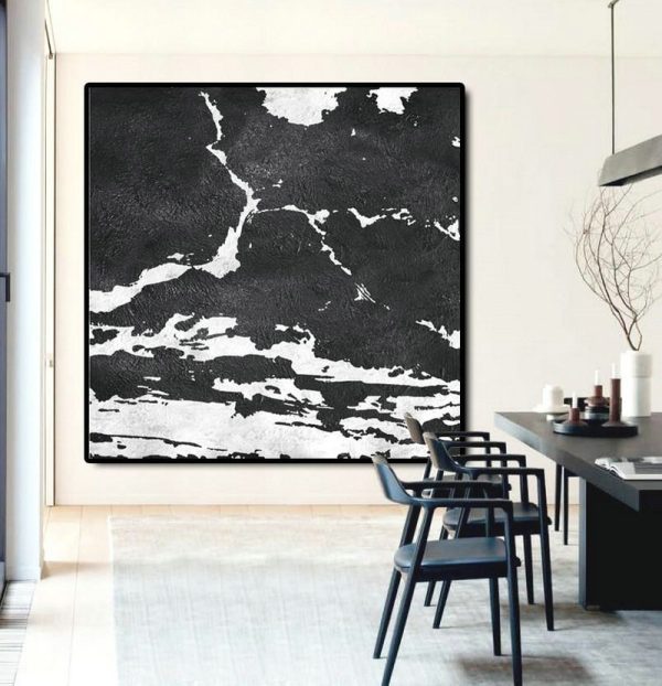 Extra Large Acrylic Painting On Canvas,Oversized Minimal Black And White Painting - Canvas Paintings For Sale - Image 2