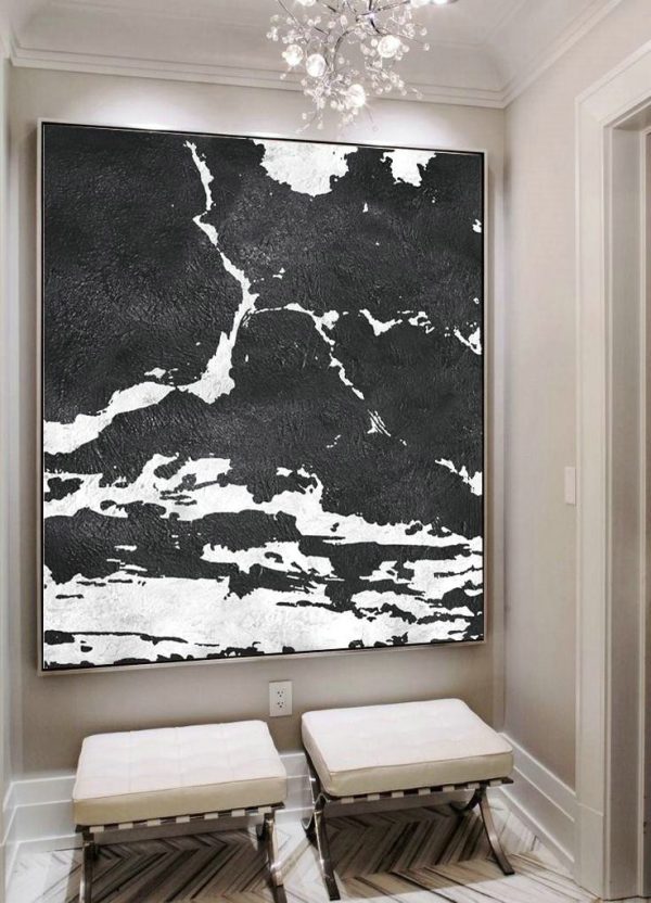 Extra Large Acrylic Painting On Canvas,Oversized Minimal Black And White Painting - Canvas Paintings For Sale - Image 3