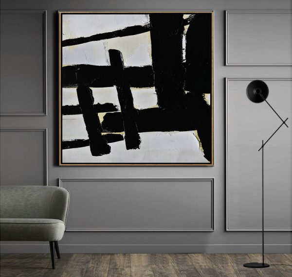 Large Abstract Painting On Canvas,Handmade Minimal Art Palette Knife Canvas Painting, Black White Beige - Large Canvas Wall Art For Sale - Image 4