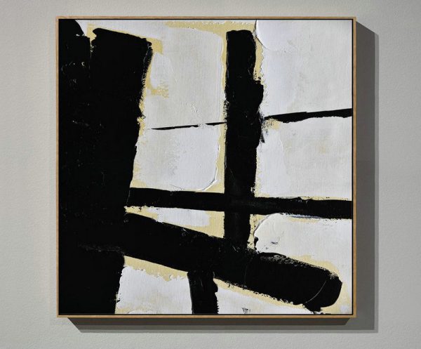 Handmade Extra Large Contemporary Painting,Handmade Minimal Art Palette Knife Canvas Painting, Black White Beige - Canvas Artwork For Sale