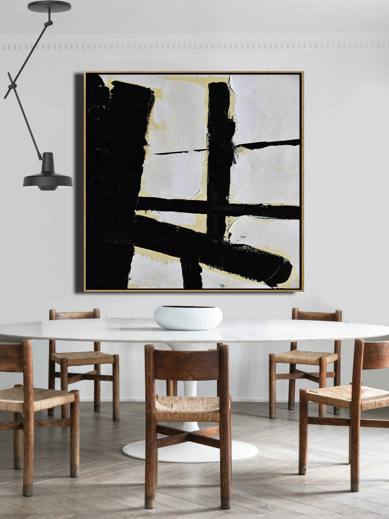 Handmade Extra Large Contemporary Painting,Handmade Minimal Art Palette Knife Canvas Painting, Black White Beige - Canvas Artwork For Sale - Image 3