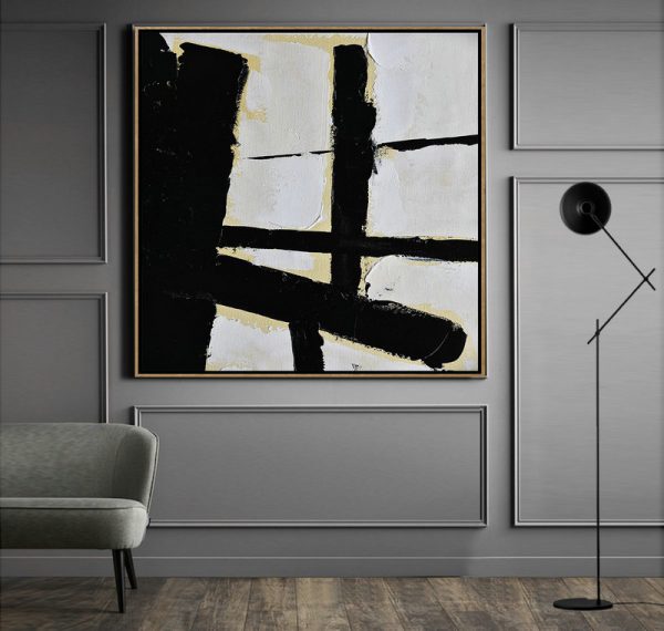 Handmade Extra Large Contemporary Painting,Handmade Minimal Art Palette Knife Canvas Painting, Black White Beige - Canvas Artwork For Sale - Image 4
