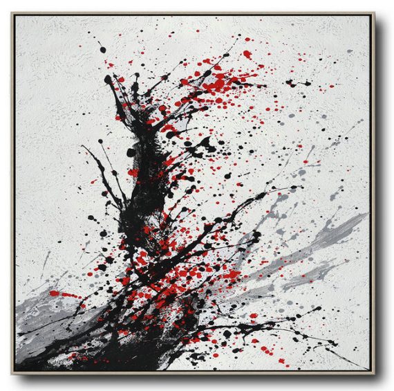 Extra Large Painting,Minimalist Drip Painting On Canvas, Black, White, Grey, Red - Hand Painted Acrylic Painting