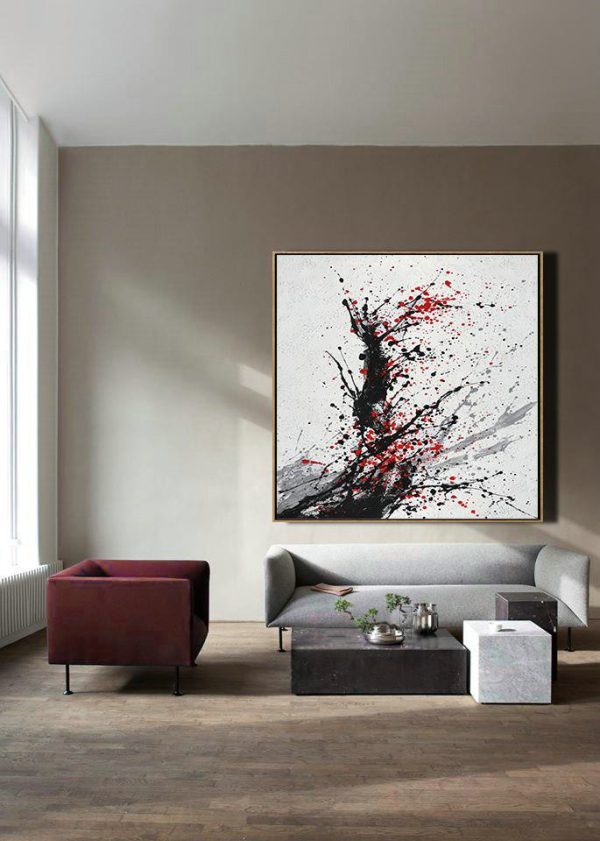 Extra Large Painting,Minimalist Drip Painting On Canvas, Black, White, Grey, Red - Hand Painted Acrylic Painting - Image 4
