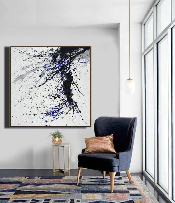 Abstract Painting Extra Large Canvas Art,Minimalist Drip Painting On Canvas, Black, White, Grey, Blue - Hand-Painted Contemporary Art - Image 4