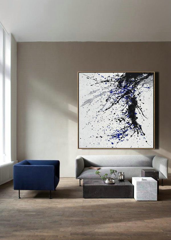 Abstract Painting Extra Large Canvas Art,Minimalist Drip Painting On Canvas, Black, White, Grey, Blue - Hand-Painted Contemporary Art - Image 5