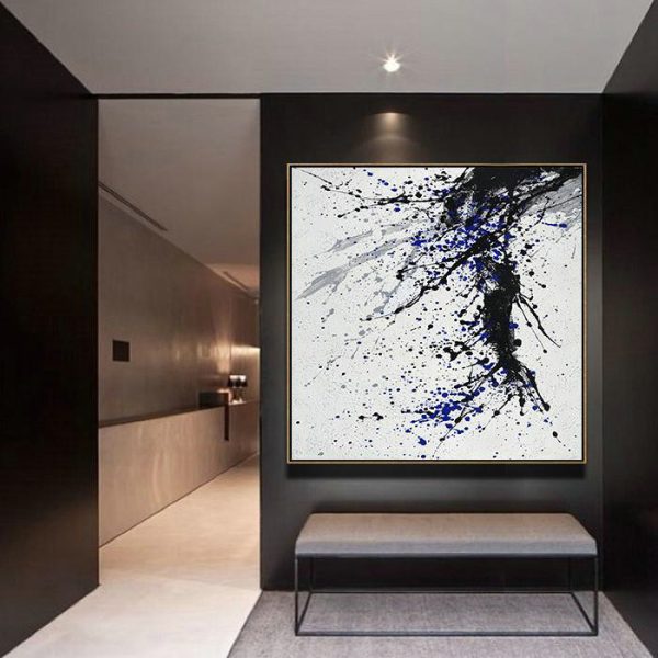 Abstract Painting Extra Large Canvas Art,Minimalist Drip Painting On Canvas, Black, White, Grey, Blue - Hand-Painted Contemporary Art - Image 7