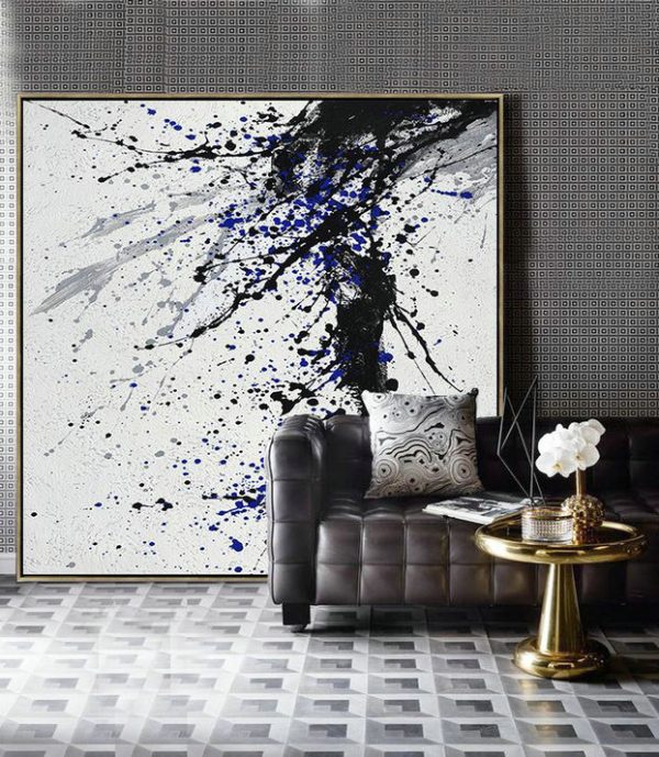 Abstract Painting Extra Large Canvas Art,Minimalist Drip Painting On Canvas, Black, White, Grey, Blue - Hand-Painted Contemporary Art - Image 8