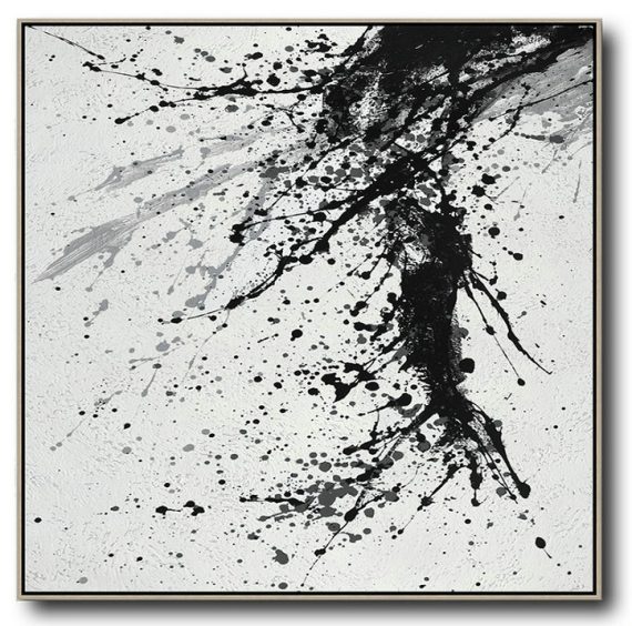 Large Abstract Painting Canvas Art,Minimalist Drip Painting On Canvas, Black, White, Grey - Abstract Art Decor,Contemporary Painting