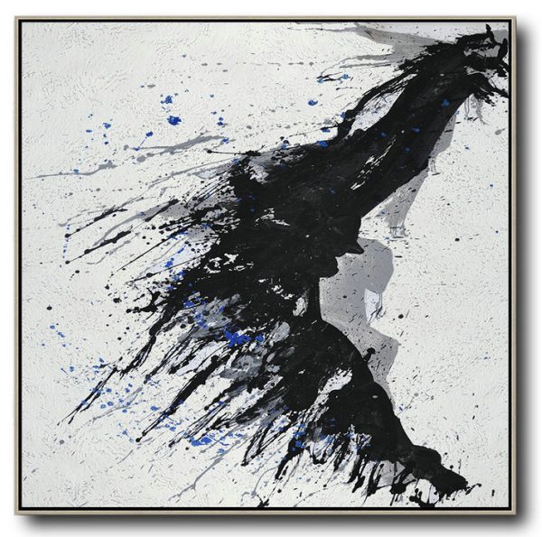 Handmade Large Contemporary Art,Minimalist Drip Painting On Canvas, Black, White, Grey, Blue - Modern Art Abstract Painting