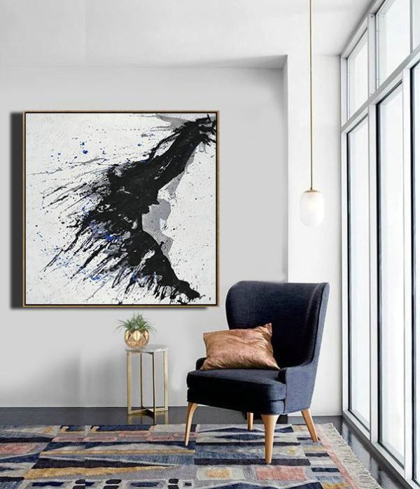 Handmade Large Contemporary Art,Minimalist Drip Painting On Canvas, Black, White, Grey, Blue - Modern Art Abstract Painting - Image 4