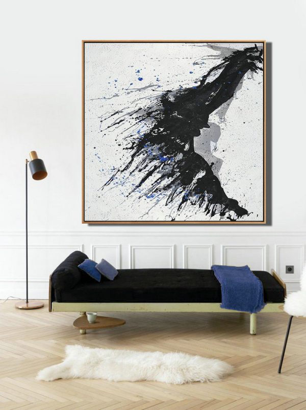 Handmade Large Contemporary Art,Minimalist Drip Painting On Canvas, Black, White, Grey, Blue - Modern Art Abstract Painting - Image 5