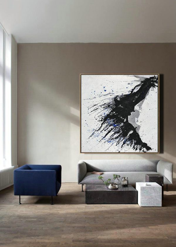 Handmade Large Contemporary Art,Minimalist Drip Painting On Canvas, Black, White, Grey, Blue - Modern Art Abstract Painting - Image 6