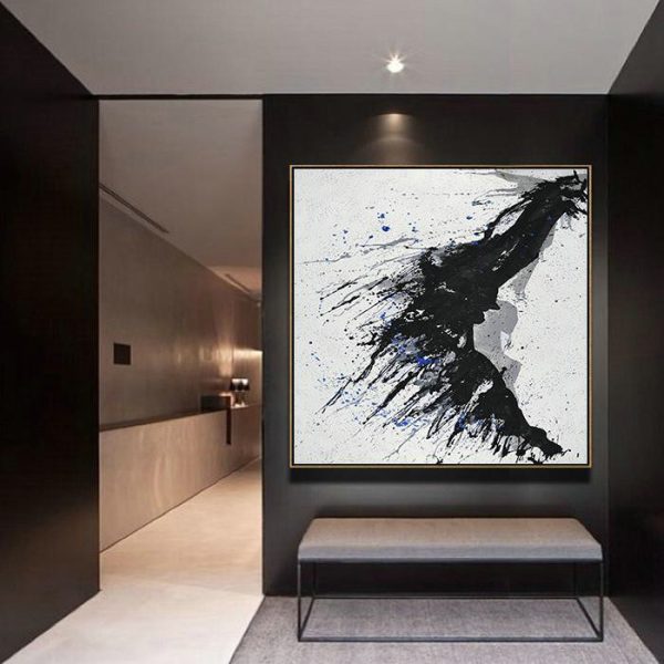 Handmade Large Contemporary Art,Minimalist Drip Painting On Canvas, Black, White, Grey, Blue - Modern Art Abstract Painting - Image 8