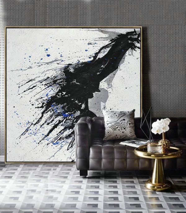 Handmade Large Contemporary Art,Minimalist Drip Painting On Canvas, Black, White, Grey, Blue - Modern Art Abstract Painting - Image 9