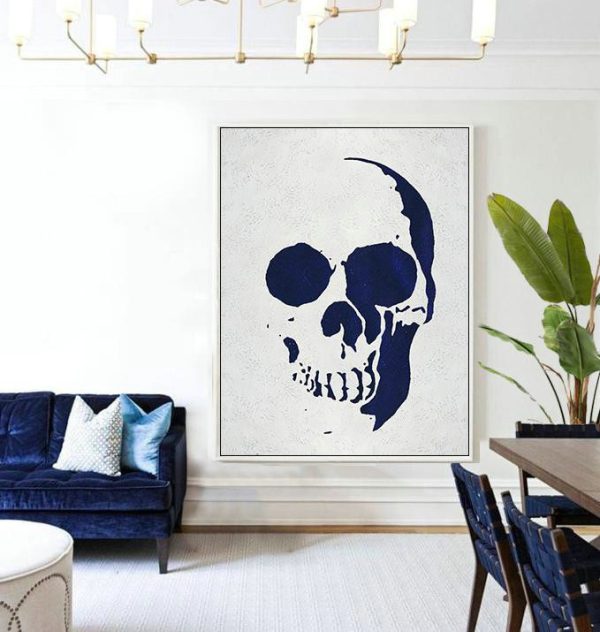 Handmade Large Painting,Buy Hand Painted Navy Blue Abstract Painting Skull Art Online,Huge Abstract Canvas Art - Image 3