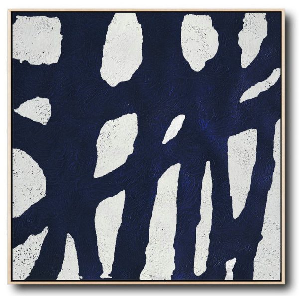 Handmade Painting Large Abstract Art,Hand-Painted Oversized Minimalist Navy Blue And White Painting,Abstract Oil Painting