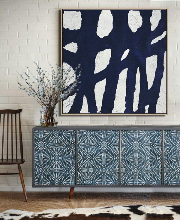 Handmade Painting Large Abstract Art,Hand-Painted Oversized Minimalist Navy Blue And White Painting,Abstract Oil Painting - Image 2