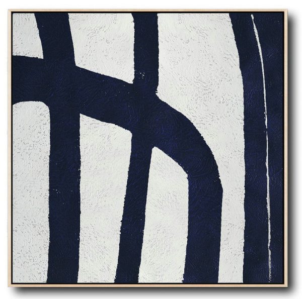 Large Abstract Art Handmade Oil Painting,Minimalist Navy Blue And White Painting,Large Paintings For Living Room