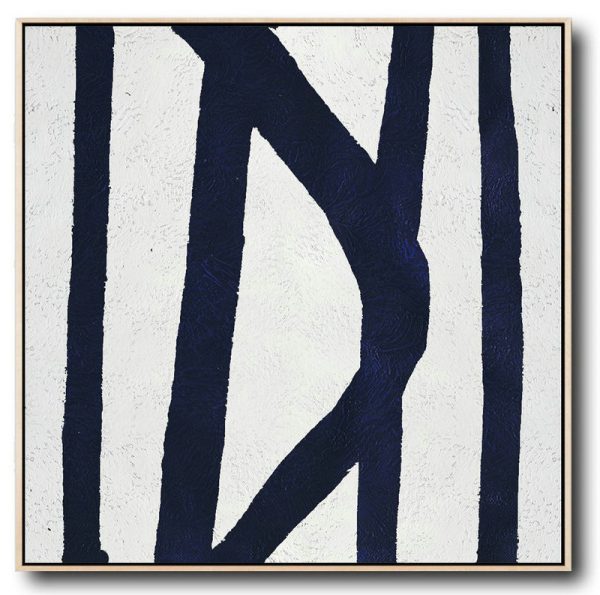 Large Abstract Art Handmade Oil Painting,Minimalist Navy Blue And White Painting,Extra Large Paintings