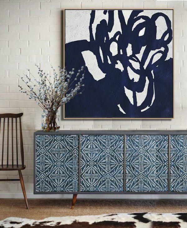 Large Canvas Art,Modern Art Abstract Painting,Hand-Painted Oversized Minimalist Navy Blue And White Painting,Hand-Painted Canvas Art - Image 2