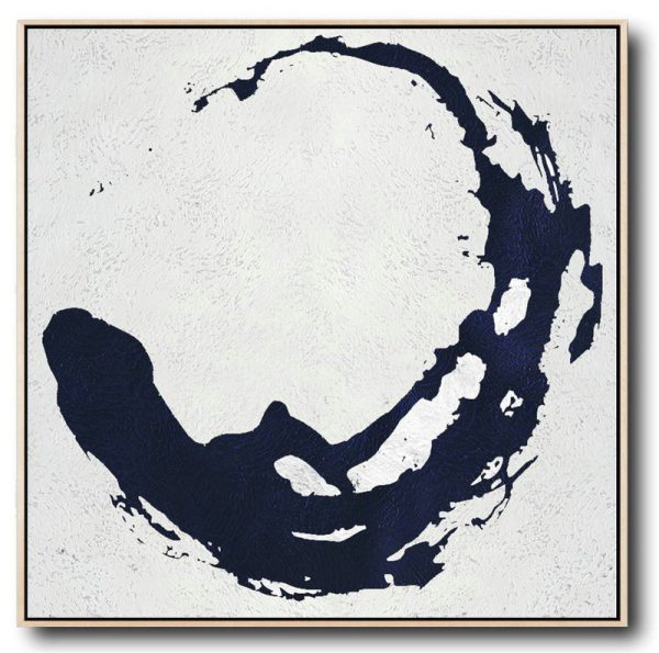Handmade Large Painting,Minimalist Navy Blue And White Painting,Large Paintings For Living Room