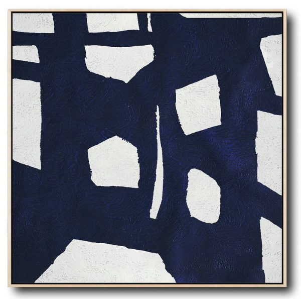 Extra Large Acrylic Painting On Canvas,Minimalist Navy Blue And White Painting,Modern Art