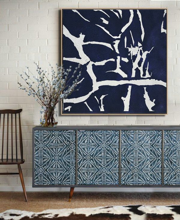 Original Art Acrylic Painting,Minimalist Navy Blue And White Painting,Original Abstract Painting Canvas Art - Image 2
