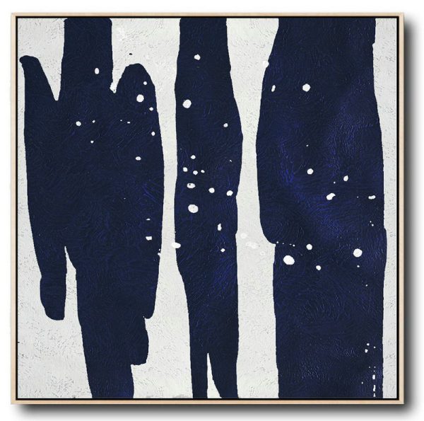 Large Abstract Painting,Minimalist Navy Blue And White Painting,Acrylic Painting On Canvas