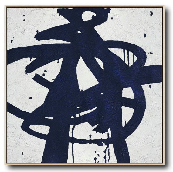 Handmade Painting Large Abstract Art,Minimalist Navy Blue And White Painting,Size Extra Large Abstract Art