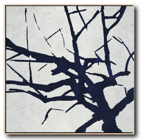 Acrylic Painting On Canvas,Minimalist Navy Blue And White Painting,Large Abstract Art Handmade Acrylic Painting
