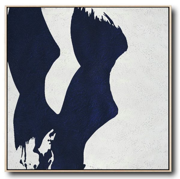 Large Abstract Painting On Canvas,Minimalist Navy Blue And White Painting,Canvas Wall Paintings