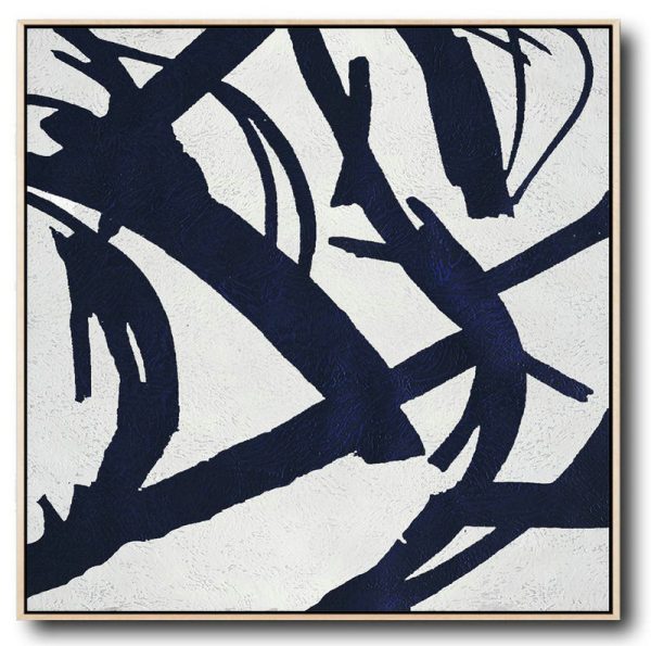 Extra Large Painting,Minimalist Navy Blue And White Painting,Acrylic Painting Large Wall Art